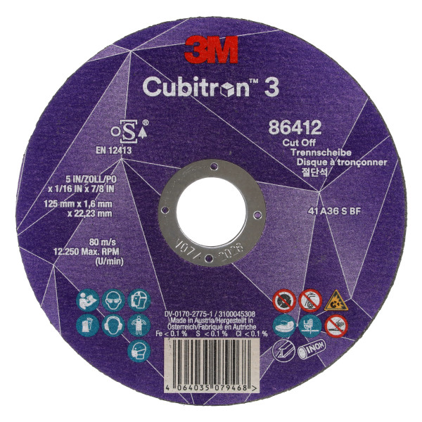 Disc de tăiat 3M™ Cubitron™ 3, 86412, 36+, T41, 125 mm x 1,6 mm x 22,23 mm