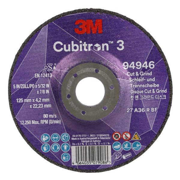 Disc 3M™ Cubitron™ 3 Tăiere și șlefuire, 94946, 36+, T27, 125 mm x 4,2 mm x 22,23 mm