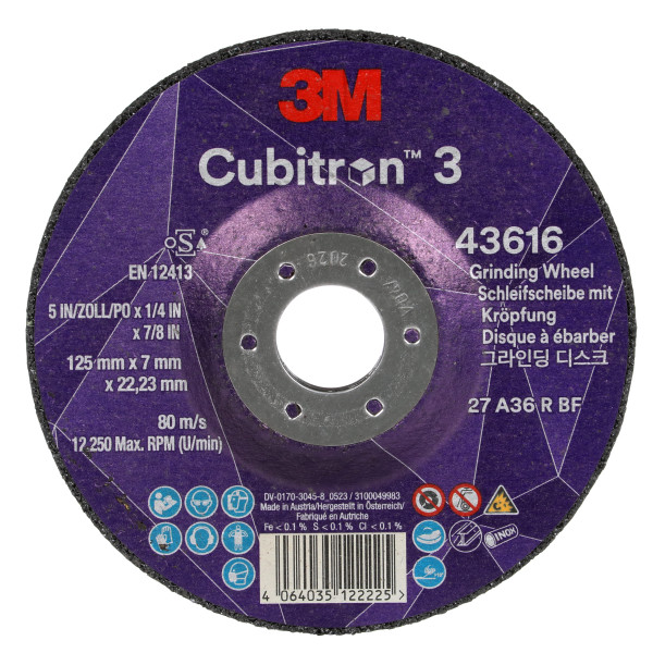 Disc abraziv 3M™ Cubitron™ 3 cu centru depresat, 43616, 36+, T27, 125 mm x 7 mm x 22,23 mm